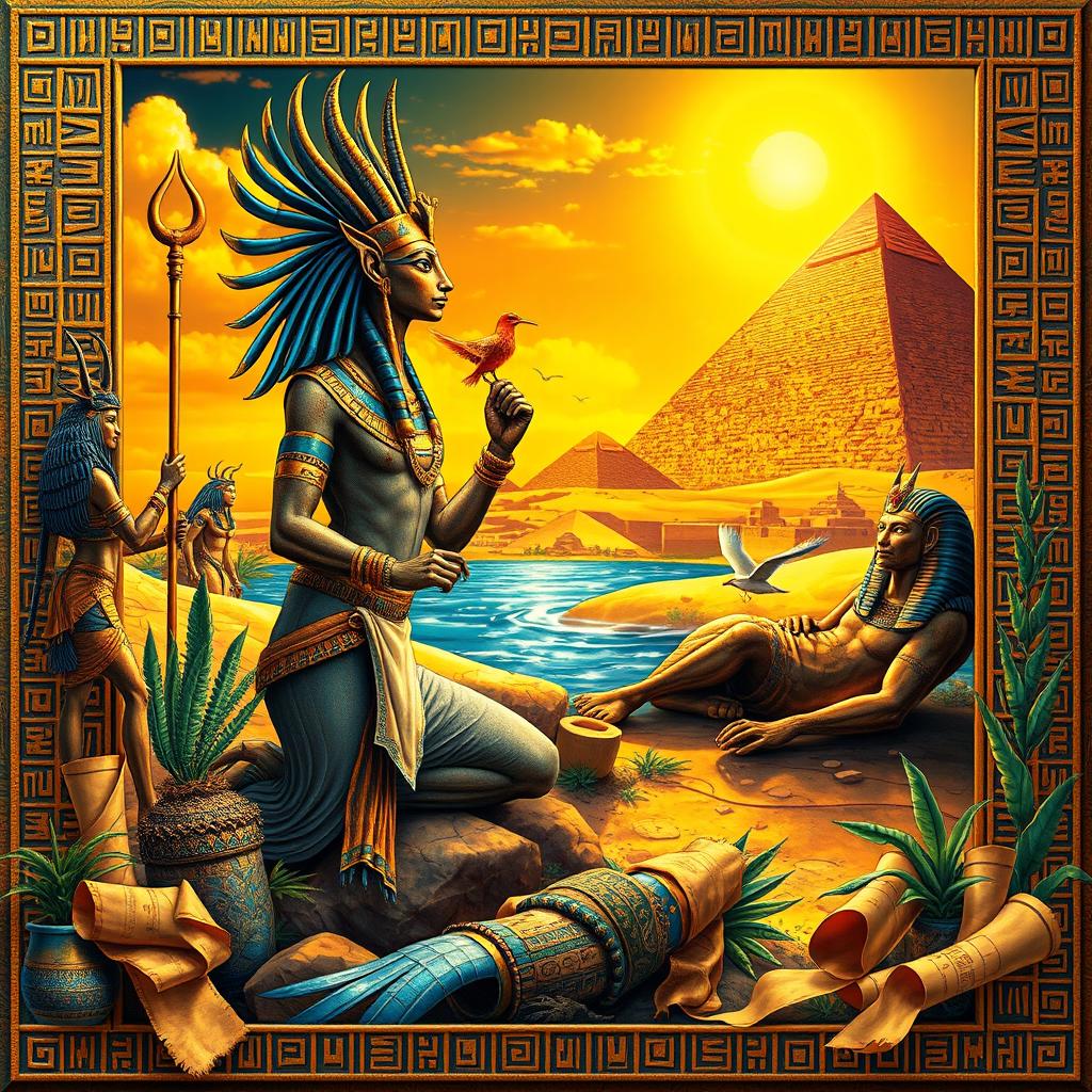 A stunning piece of wall art depicting Egyptian mythology, showcasing iconic deities like Ra, Anubis, and Isis, gracefully interacting amidst intricate hieroglyphics and ancient pyramids