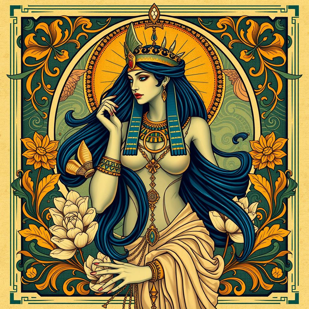 An Art Nouveau style poster featuring the ancient Egyptian goddess Isis