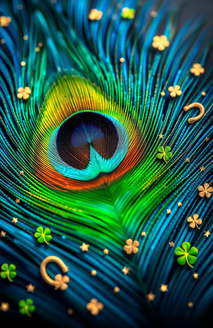 A big, vibrant peacock feather, showcasing its stunning array of colors in shades of blue, green, and gold, with intricate eye patterns illuminating the feather