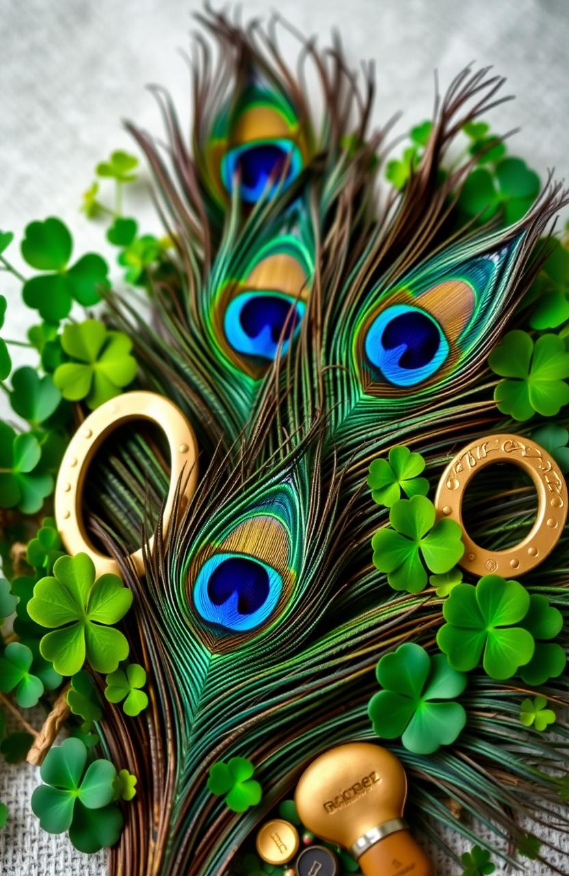 A beautifully arranged composition featuring vibrant peacock feathers in a lush, intricate display