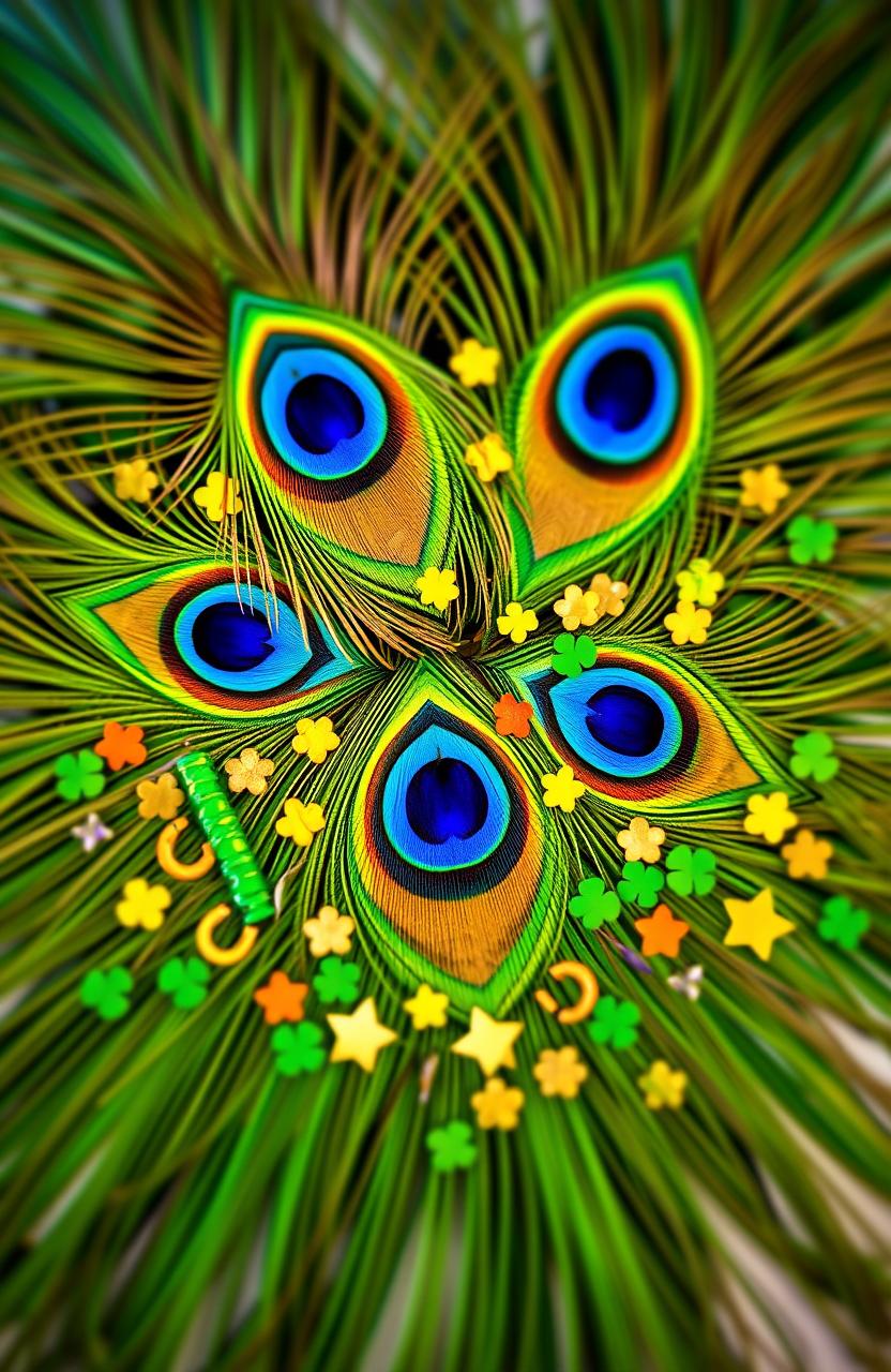 A stunning composition featuring vibrant peacock feathers elegantly fanned out in a circular arrangement, surrounded by a variety of small symbols of luck such as four-leaf clovers, horseshoes, and lucky stars