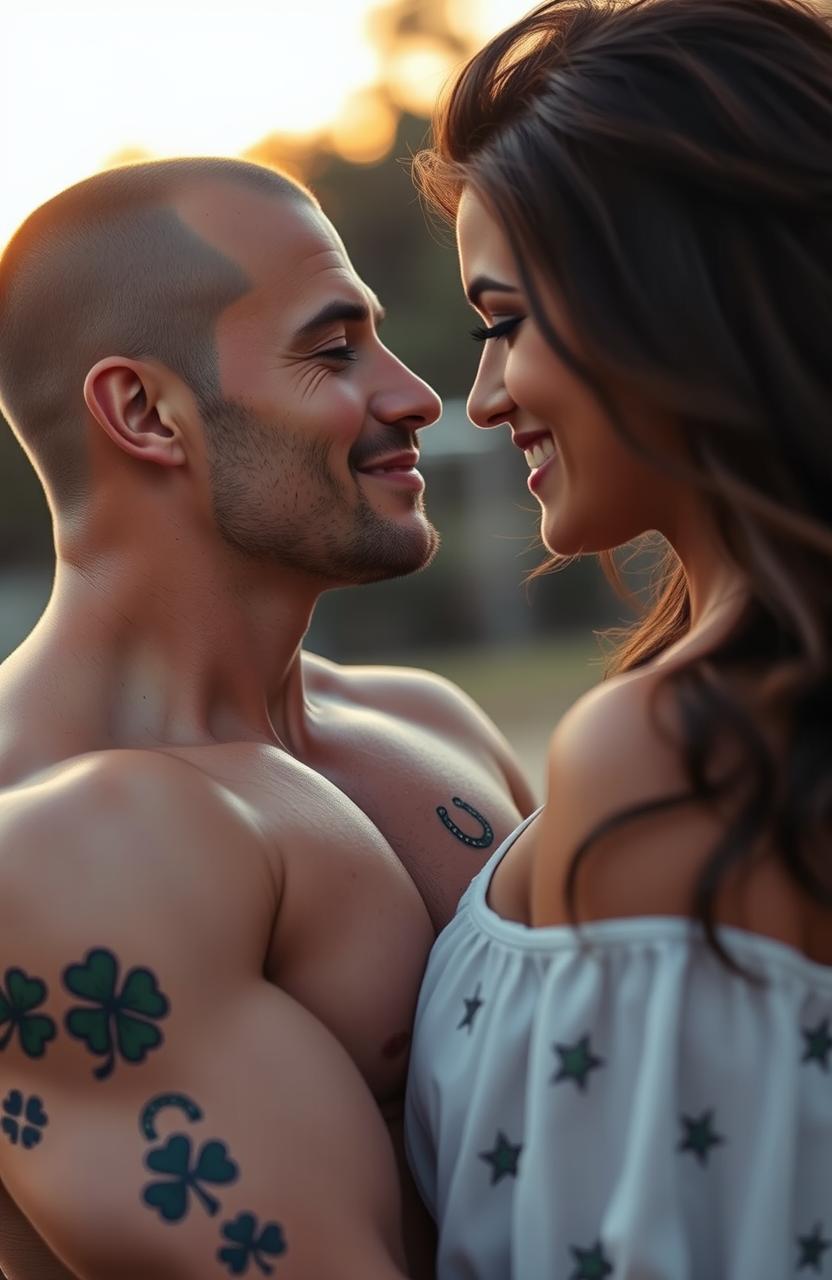 A muscular man with an athletic build and tattoos depicting various lucky symbols such as shamrocks, horseshoes, and stars adorning his arms, gazing lovingly into the eyes of a beautiful woman with a captivating smile