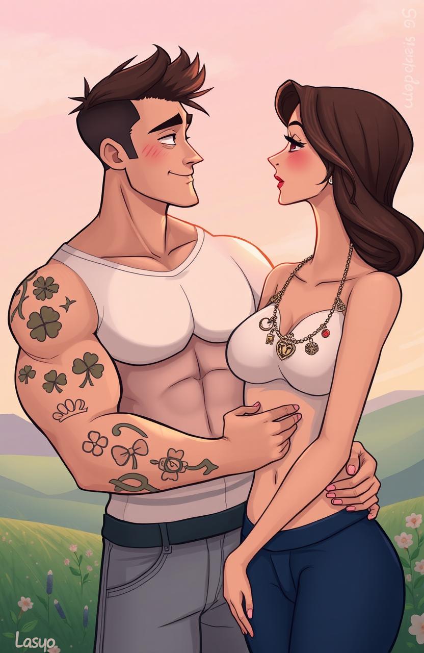 A cartoon style illustration featuring a muscular man wearing a tight shirt, showcasing tattoos of various lucky symbols on his arms