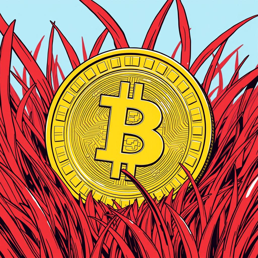 A large, shiny golden coin resting prominently on vibrant red grass, illustrated in a detailed manga style