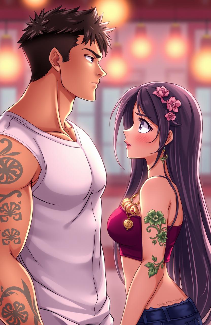 A muscular man with tattoos of lucky symbols on his arms is staring lovingly into the eyes of a beautiful woman