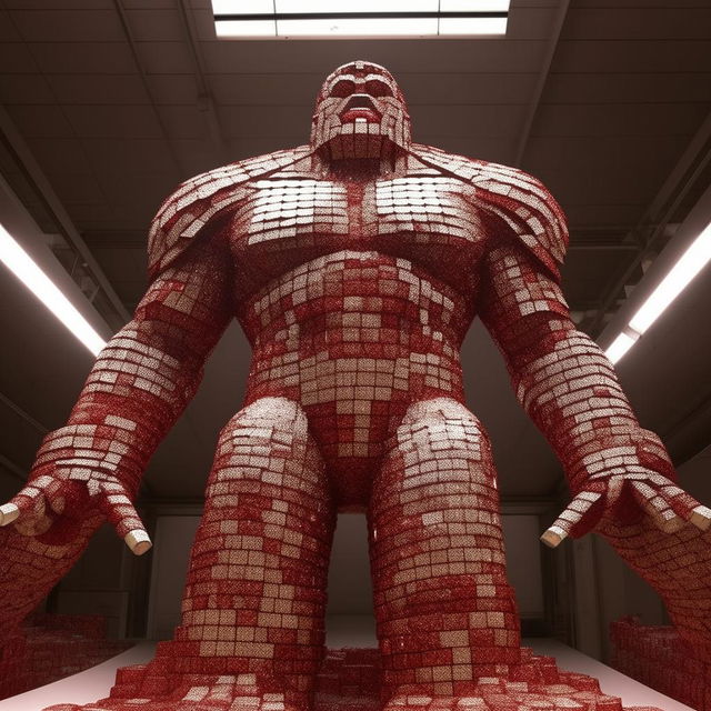 A colossal titan sculpted entirely out of shiny, red-and-white Coca-Cola cans. The titan stands tall and imposing, reflecting the light in a dramatic fashion.