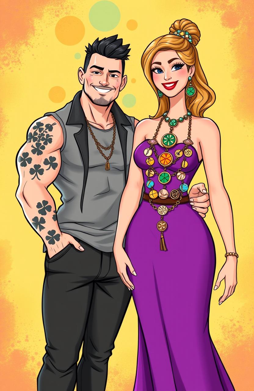 A cartoon illustration of a muscular man wearing stylish clothes, showcasing tattoos of lucky symbols on his arms