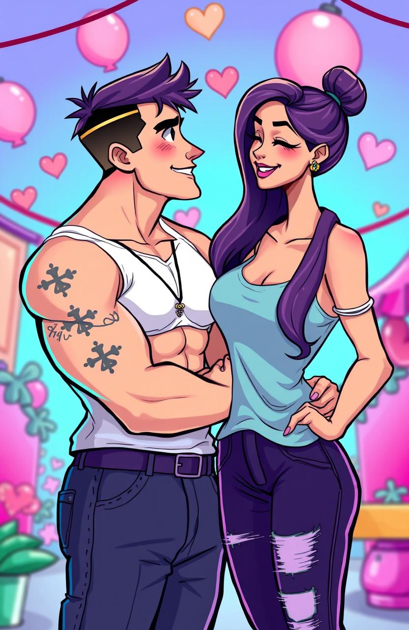A vibrant cartoon scene featuring a muscular young man with tattoos of lucky symbols on his arms, wearing stylish casual clothes