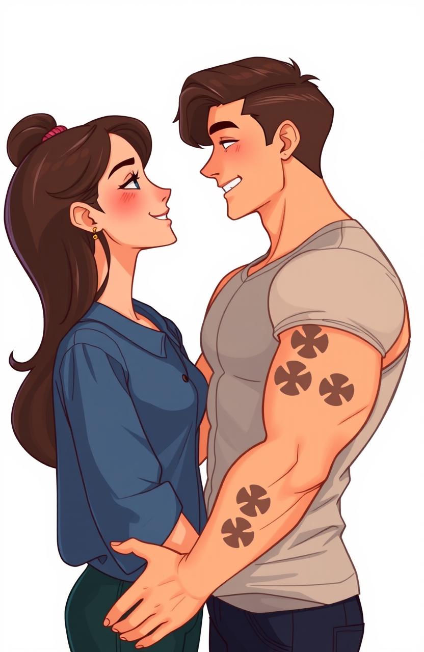A cartoon style depiction of a young muscular man with visible tattoos of lucky symbols adorning his arms