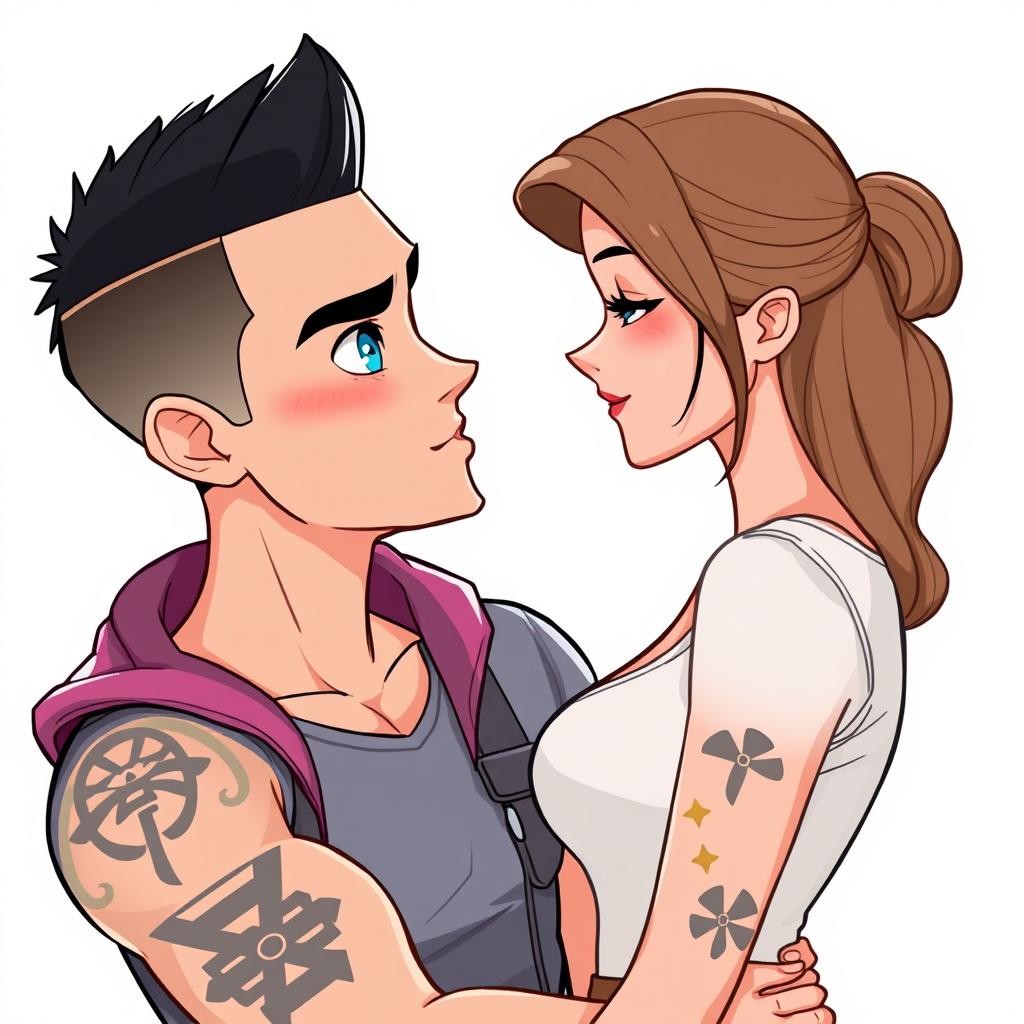 A cartoon young man with dark buzzed cut hair, a purposeful five o'clock shadow, and piercing blue eyes