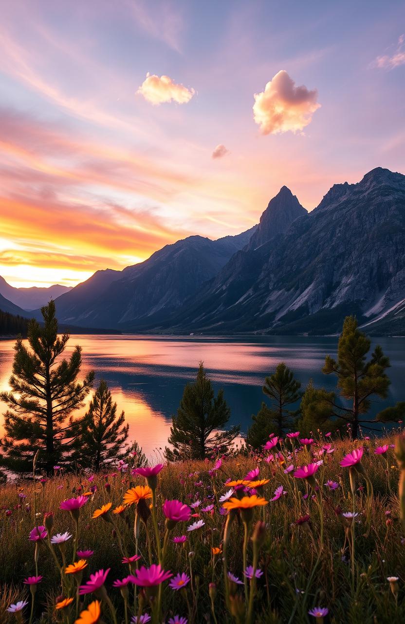 A stunning landscape featuring a serene lake surrounded by majestic mountains
