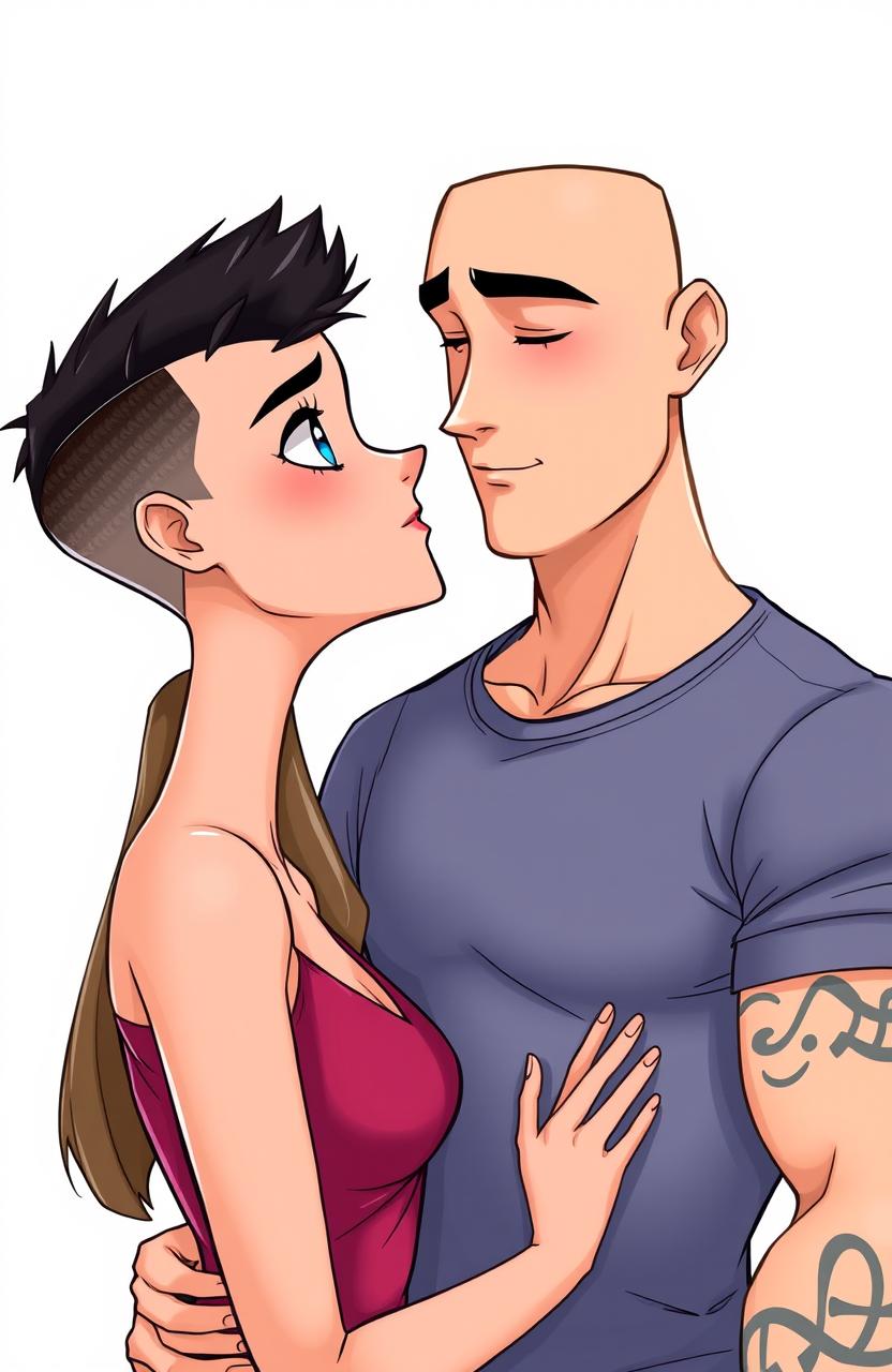 A cartoon-style illustration featuring a young man with dark buzzed cut hair, a purposeful five o'clock shadow, and piercing blue eyes