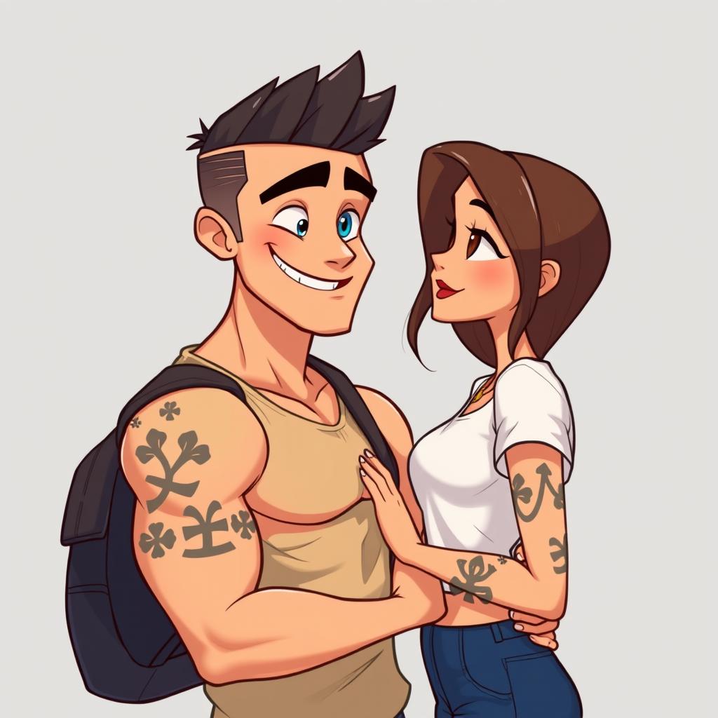 A cartoon young man with dark buzzed cut hair, a purposeful five o'clock shadow, and piercing blue eyes, standing next to a beautiful woman