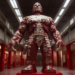 A colossal titan sculpted entirely out of shiny, red-and-white Coca-Cola cans. The titan stands tall and imposing, reflecting the light in a dramatic fashion.