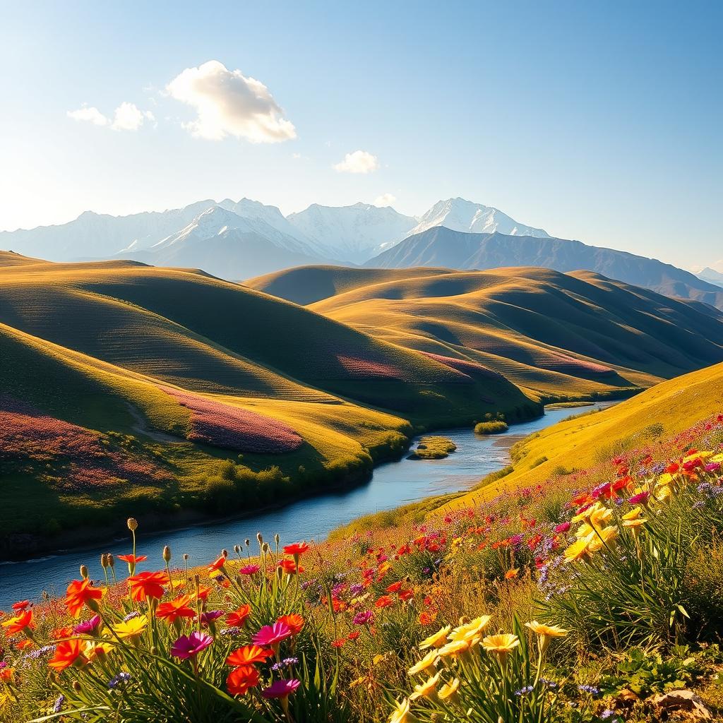 A beautifully designed Persian-inspired landscape featuring lush rolling hills with vibrant wildflowers blooming in a stunning array of colors