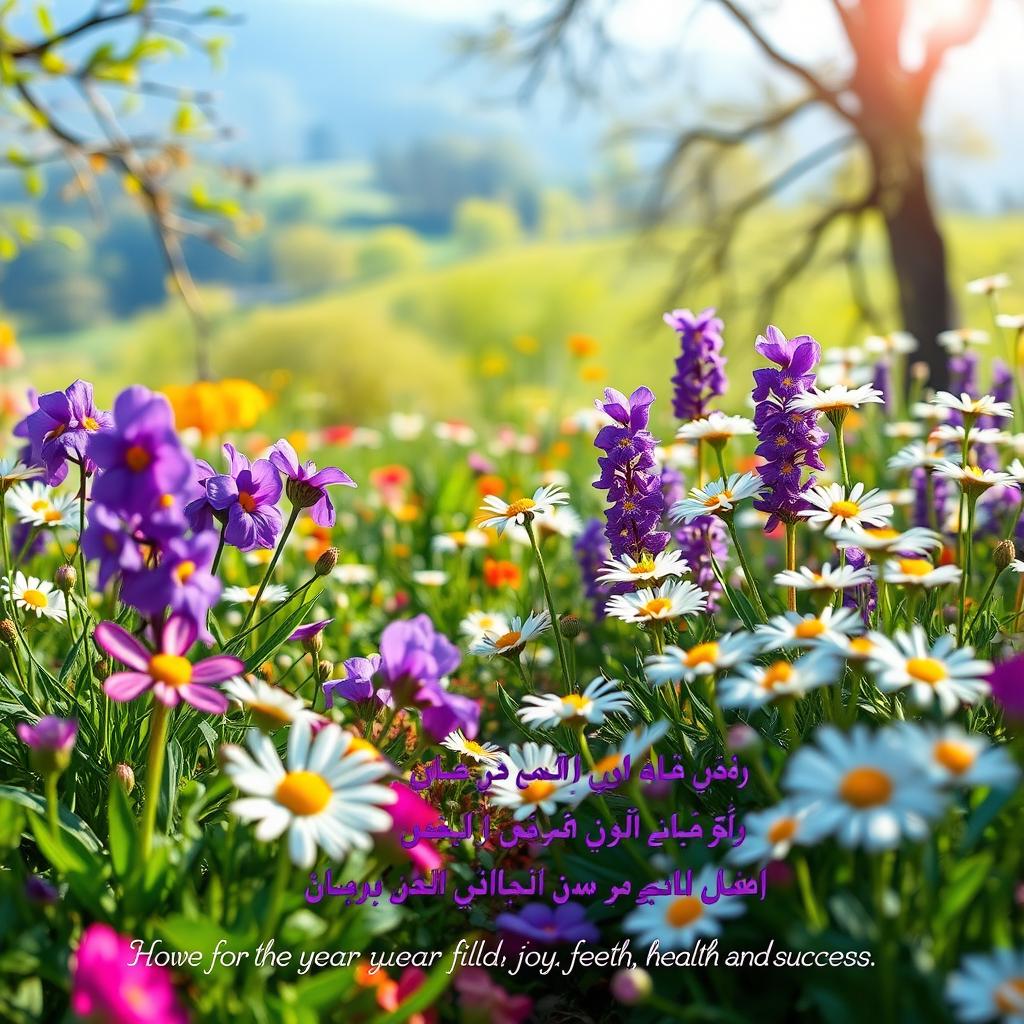 A picturesque spring scene inspired by Persian poetry, showcasing a vibrant garden filled with colorful flowers in full bloom, including violet blossoms and cheerful daisies