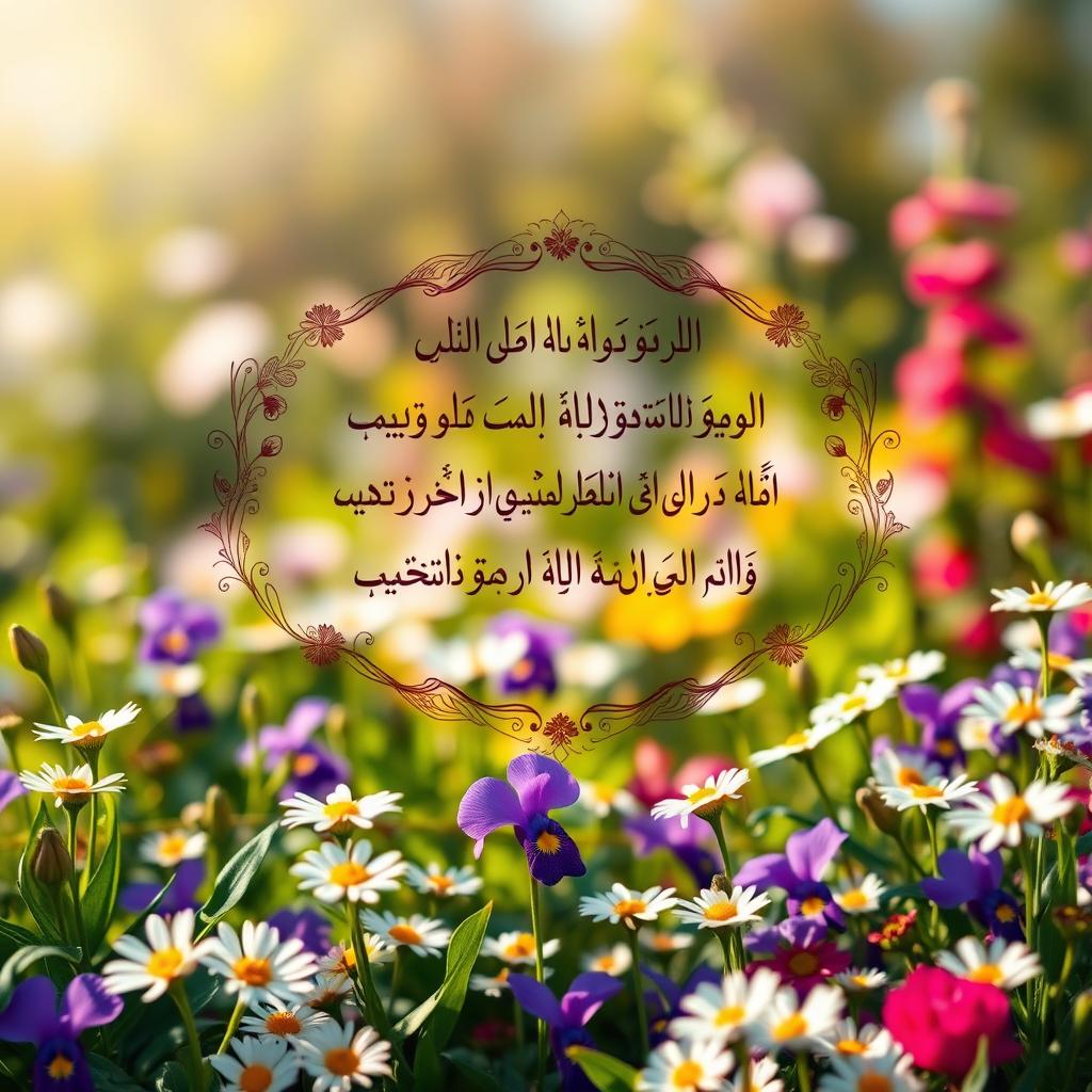 A stunning spring scene reflecting the essence of Persian poetry, featuring a lush garden filled with blooming flowers such as violets and daisies