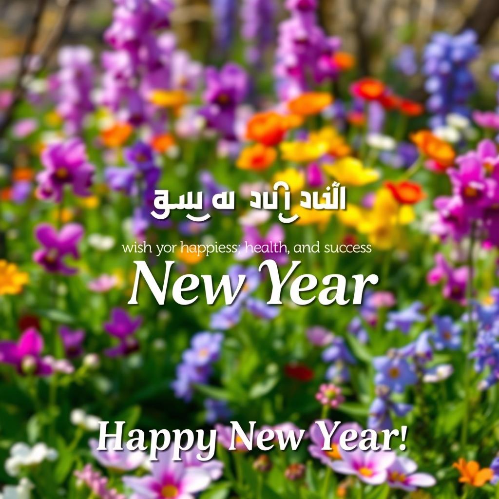A beautiful and festive New Year greeting card featuring a vibrant spring scene
