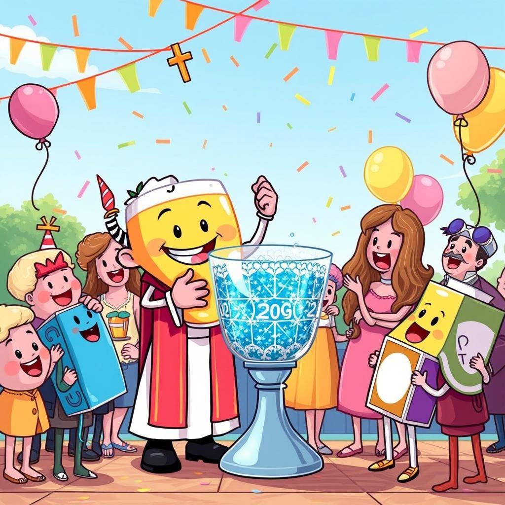 A whimsical and colorful illustration of a humorous baptism ceremony for a character that looks like a classic cartoonish drink, complete with a face and limbs