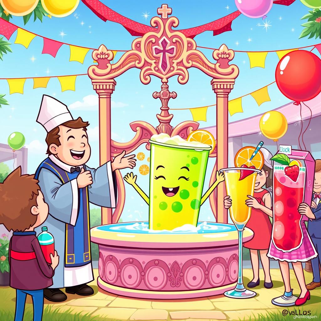 A whimsical and colorful illustration of a humorous baptism ceremony for an anthropomorphic drink character, featuring a joyful priest character in traditional attire performing the baptism