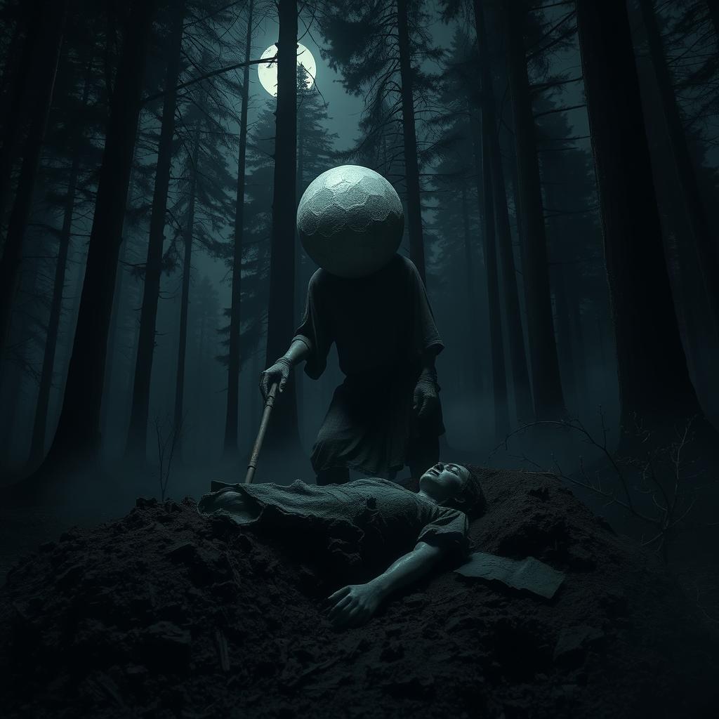 A surreal scene depicting a person with an oversized head, digging a grave in a dimly lit forest
