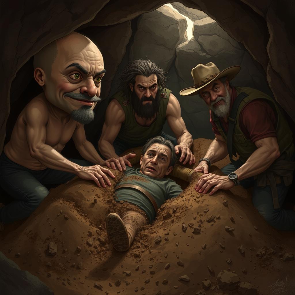 Three characters engaged in burying a man in a cave