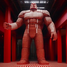 A colossal titan sculpted entirely out of shiny, red-and-white Coca-Cola cans. The titan stands tall and imposing, reflecting the light in a dramatic fashion.