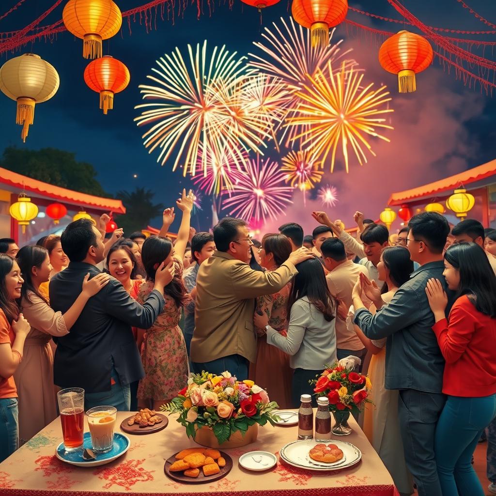 A vibrant and festive scene celebrating the New Year, featuring colorful fireworks lighting up a night sky, surrounded by joyful people dancing and celebrating