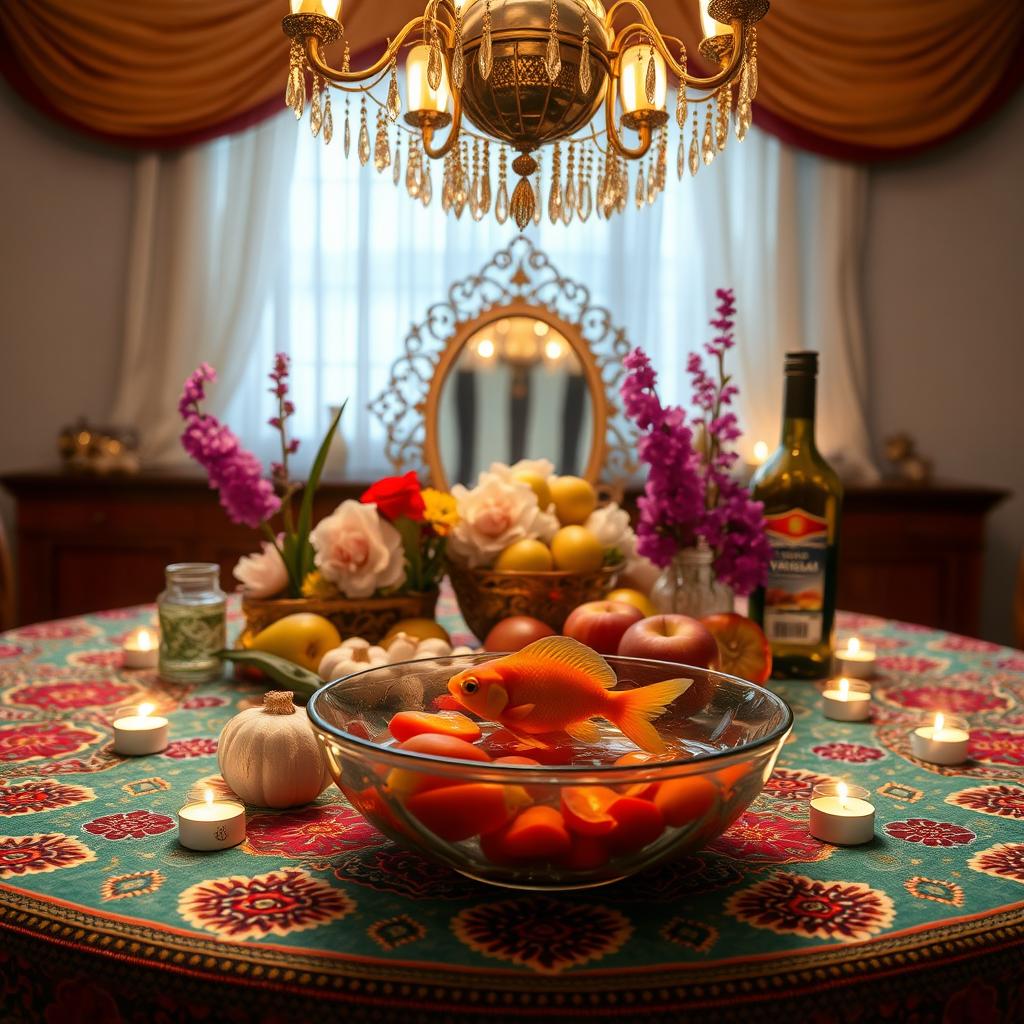 A beautifully arranged Haft-Seen table for Nowruz, featuring traditional elements such as a mirror, painted eggs, garlic, apples, hyacinth, sumac, vinegar, and goldfish in a bowl