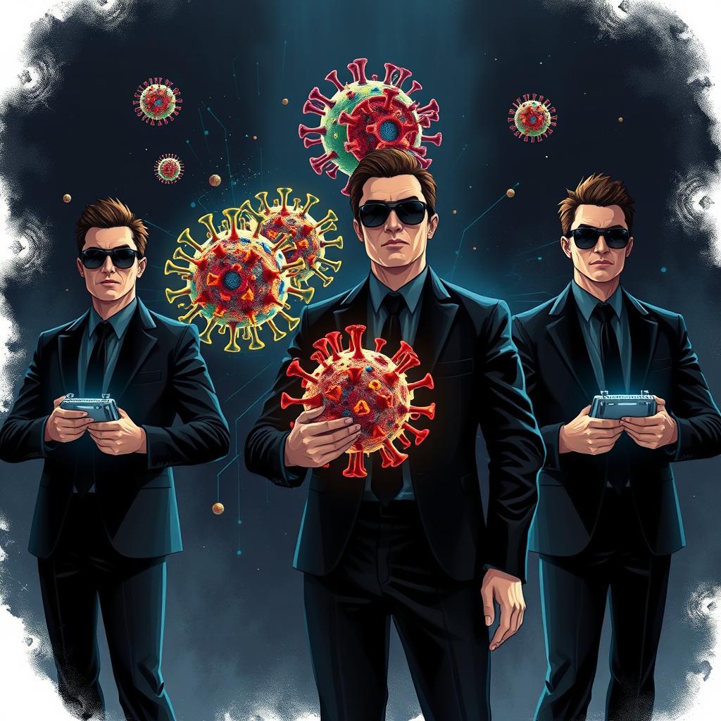 A vivid illustration of a scene featuring Men in Black styled agents, dressed in sleek black suits with sunglasses, standing determinedly against a dark, ominous backdrop