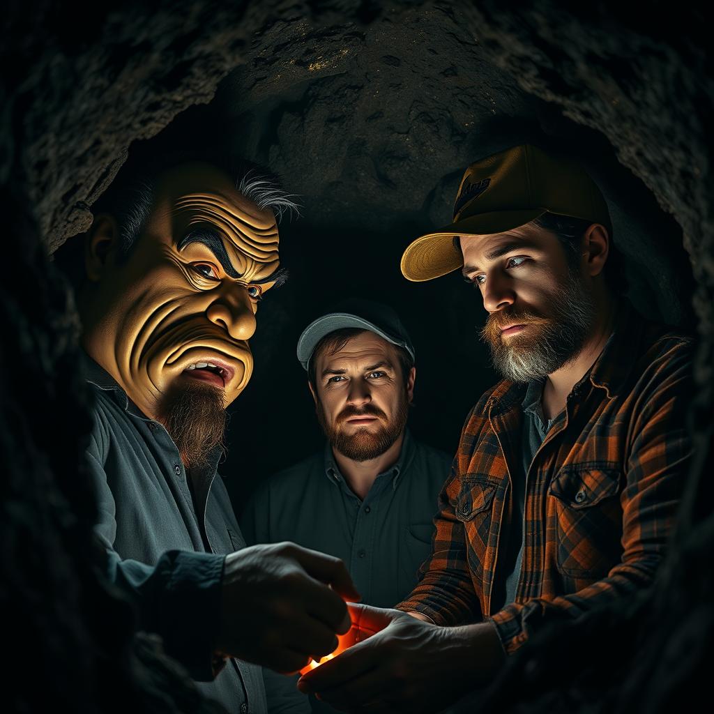 Three people are inside a dark cave, engaged in an intense and dramatic scene
