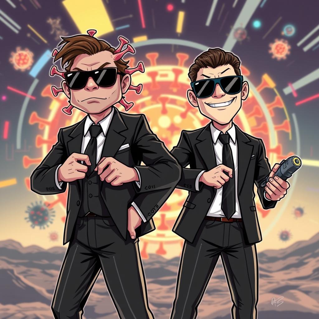An imaginative illustration depicting the influenza virus and the COVID-19 virus personified as characters in Men in Black style