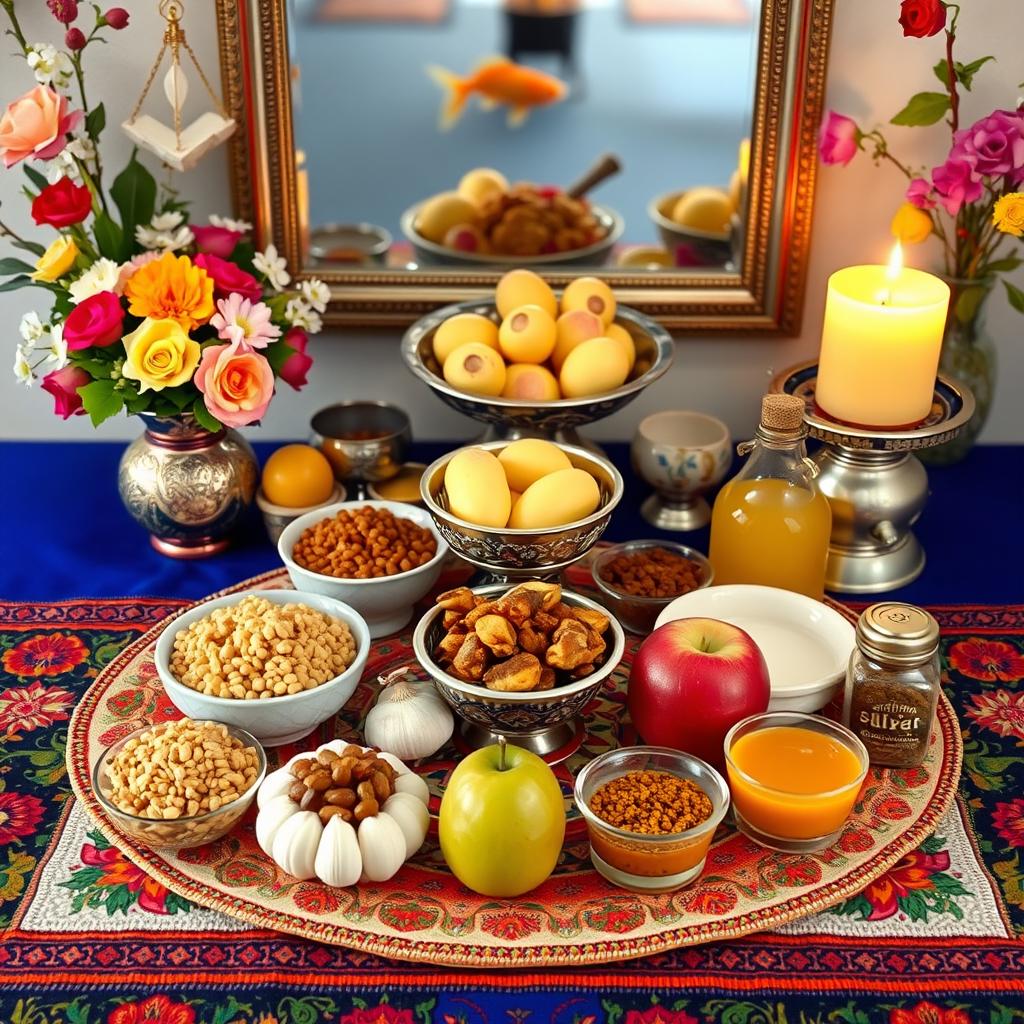 A beautifully arranged traditional Haft-Seen table setting for Nowruz, featuring seven symbolic items: sabzeh (sprouted wheat or lentils), samanu (sweet pudding), senjed (dried fruit), seer (garlic), seeb (apple), somāgh (sumac), and serkeh (vinegar), all displayed elegantly on a colorful tablecloth