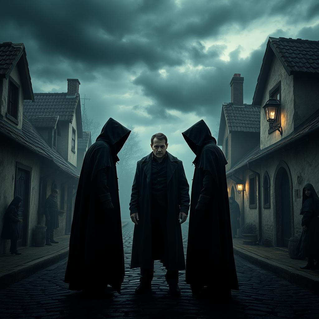 In a moody and atmospheric village, three shadowy figures engage in a dramatic confrontation with a man in the center, representing a tense moment of betrayal