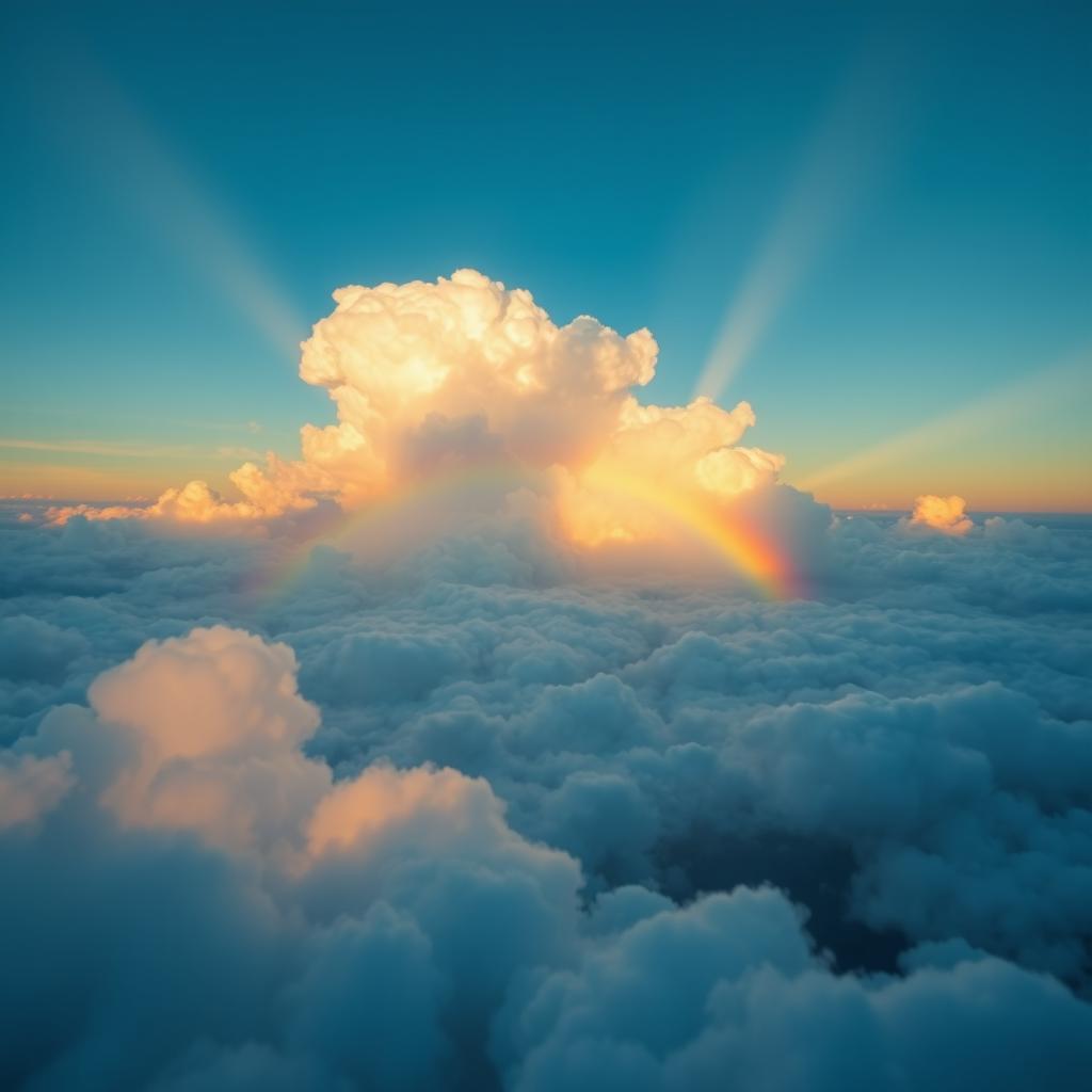 A stunning view of a rainbow being formed in the sky, with fluffy white clouds around it, creating a picturesque scene