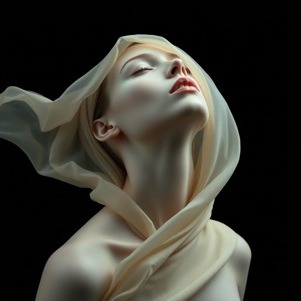 A dramatic and ethereal portrait of a figure with porcelain-like pale skin, captured in a moment of surreal elegance