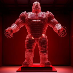 A titan of monumental stature, crafted entirely from vibrant, incandescent, red Coca-Cola cans that radiate an intense glow. The metallic surface glistens under the light, making the titan seem even more striking and awe-inspiring.