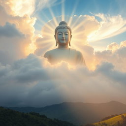 A breathtaking scene of the sky with the serene figure of the Buddha appearing amidst wispy clouds