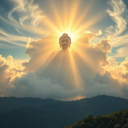 A breathtaking scene of the sky with the serene figure of the Buddha appearing amidst wispy clouds