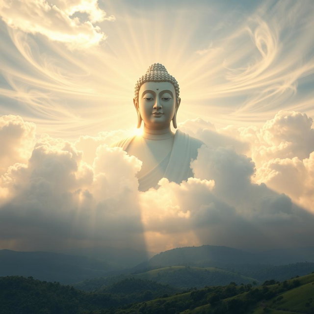 A breathtaking scene of the sky with the serene figure of the Buddha appearing amidst wispy clouds