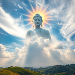 A breathtaking scene of the sky with the serene figure of the Buddha appearing amidst wispy clouds