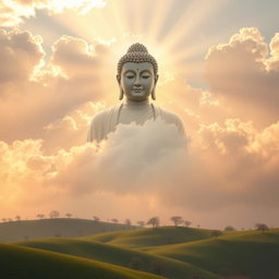A stunning scene featuring the serene figure of the Buddha appearing majestically in the sky, surrounded by soft, fluffy clouds