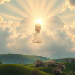 A stunning scene featuring the serene figure of the Buddha appearing majestically in the sky, surrounded by soft, fluffy clouds