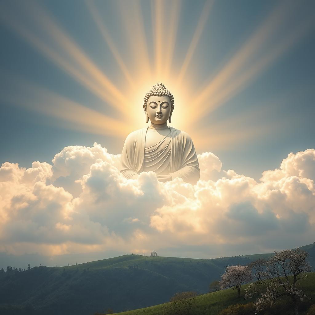 A stunning scene featuring the serene figure of the Buddha appearing majestically in the sky, surrounded by soft, fluffy clouds