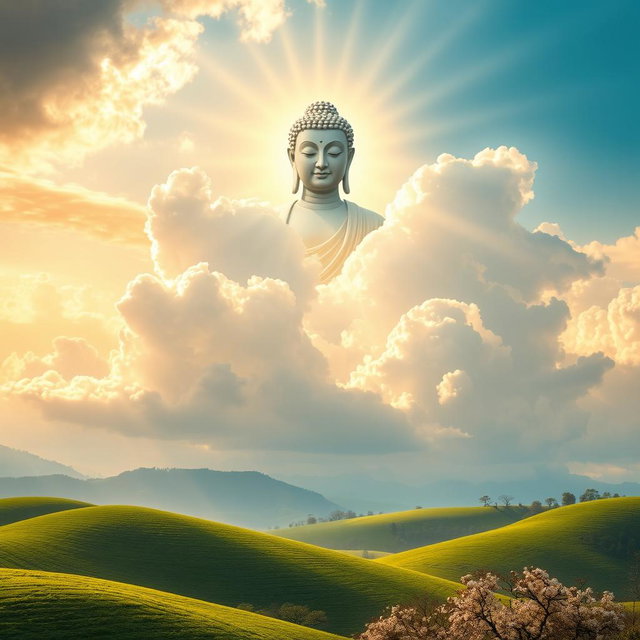 A stunning scene featuring the serene figure of the Buddha appearing majestically in the sky, surrounded by soft, fluffy clouds