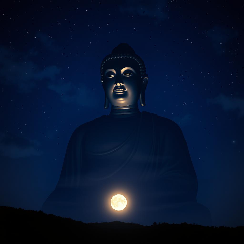 A captivating night scene featuring the majestic figure of the Buddha appearing in the night sky, illuminated by a soft, glowing light