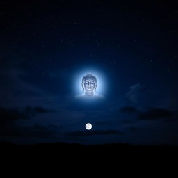 A captivating night scene featuring the majestic figure of the Buddha appearing in the night sky, illuminated by a soft, glowing light