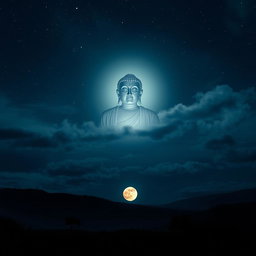 A captivating night scene featuring the majestic figure of the Buddha appearing in the night sky, illuminated by a soft, glowing light