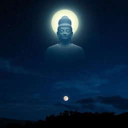A captivating night scene featuring the majestic figure of the Buddha appearing in the night sky, illuminated by a soft, glowing light