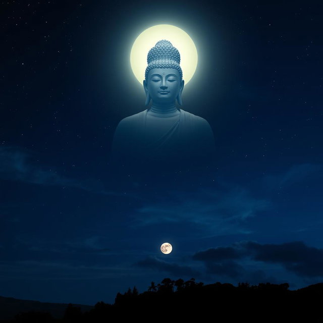 A captivating night scene featuring the majestic figure of the Buddha appearing in the night sky, illuminated by a soft, glowing light